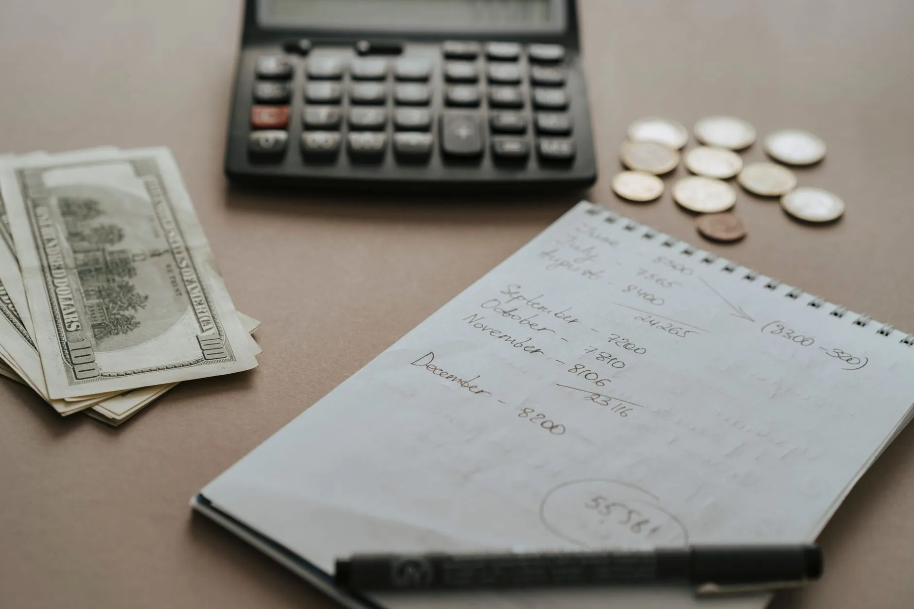 Mesa com calculadora, notas de dinheiro, moedas e anotações de contas feitas à mão